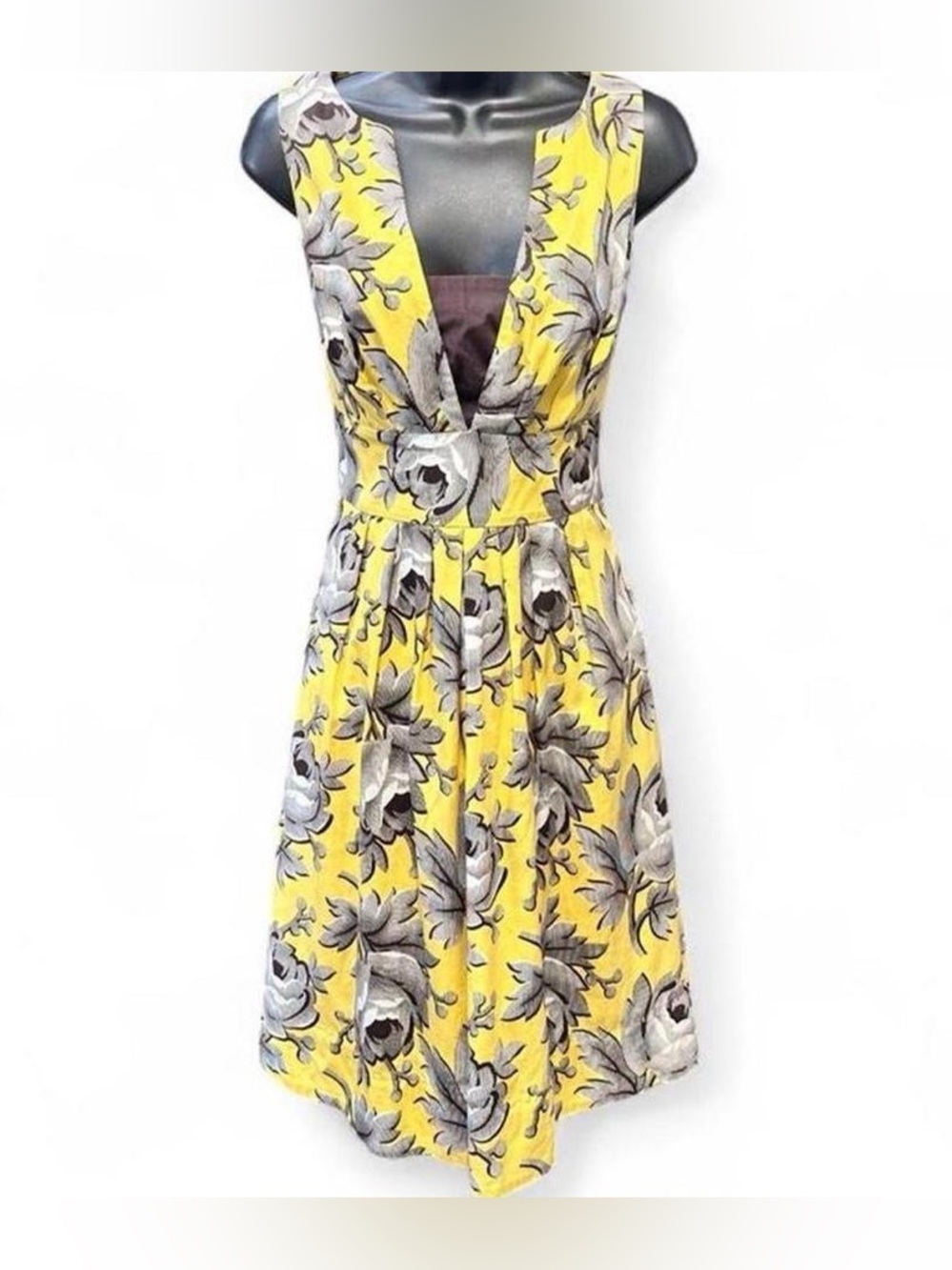 Anthropologie Leifsdottir Yellow Floral Swing Dress with Brown Built in Bandeau